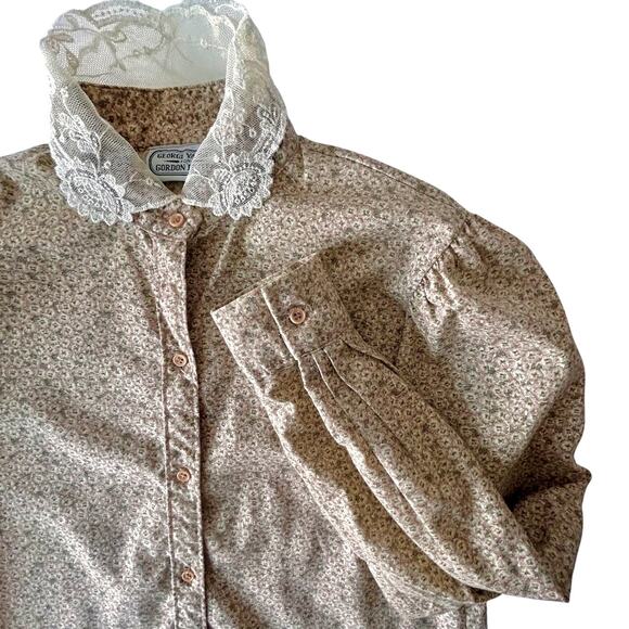 Vintage 70s Prairie Micro Floral Puffy Sleeves Lace Trim Cottage Pioneer Small - Picture 6 of 11